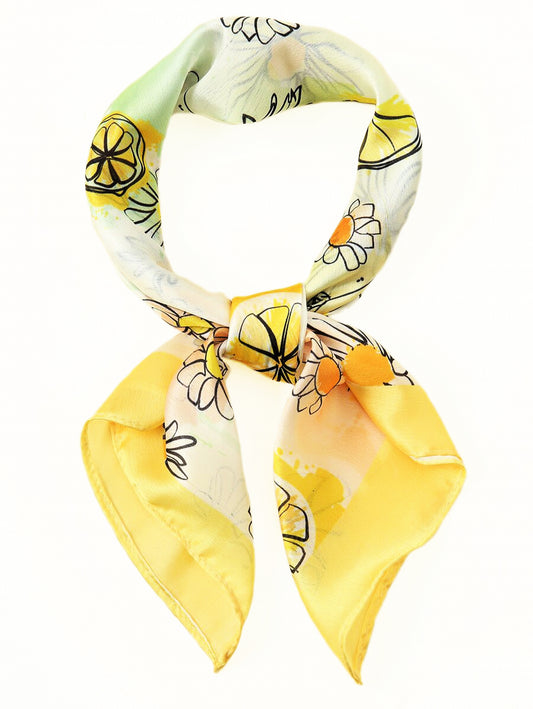 Square Satin Scarf – Lemon & Daisy Print with Yellow Border | Fresh Summer Floral Scarf | Elegant Gift | Christmas Gift Idea