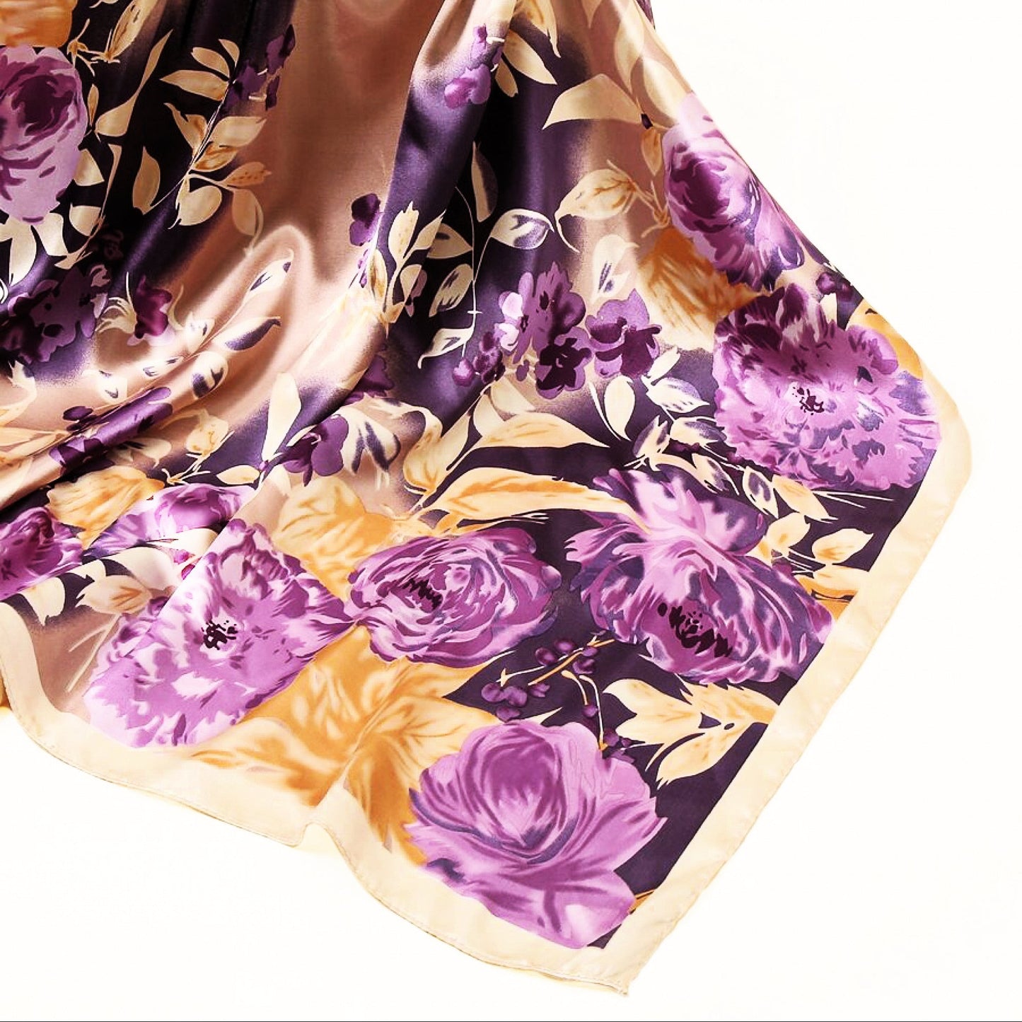 Luxury Satin Floral Scarf – Purple & Gold | Elegant Gift for Her | Christmas & Winter Accessories