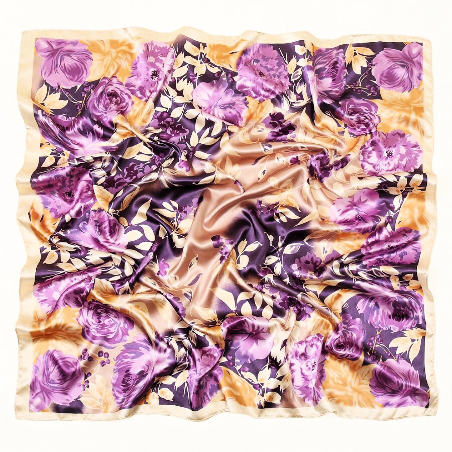 Luxury Satin Floral Scarf – Purple & Gold | Elegant Gift for Her | Christmas & Winter Accessories