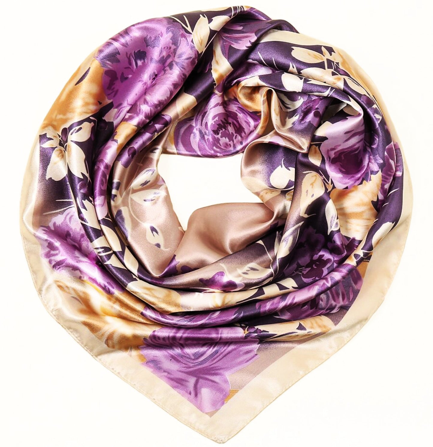Luxury Satin Floral Scarf – Purple & Gold | Elegant Gift for Her | Christmas & Winter Accessories
