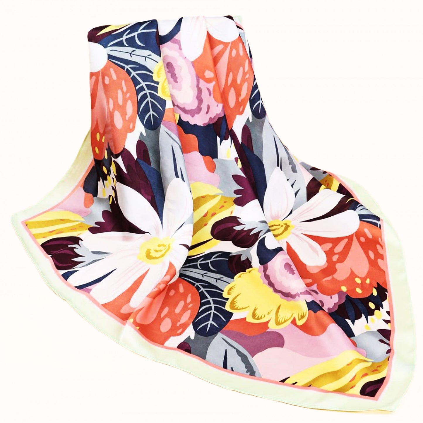 Multicolour Floral Satin Square Scarf – Large Artistic Flowers with Pastel Green Border | Elegant Gift for Her | Christmas Gift Idea