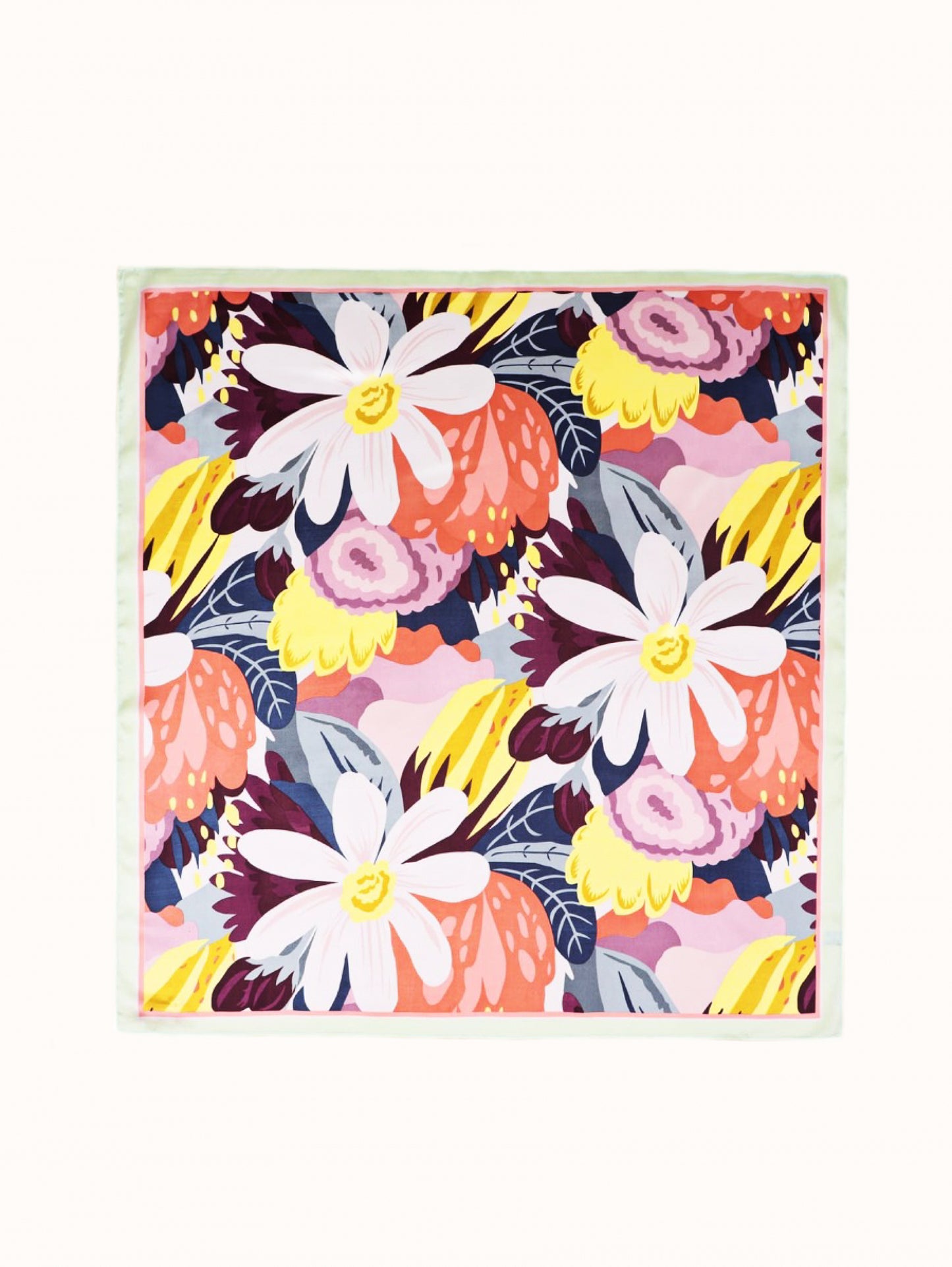 Multicolour Floral Satin Square Scarf – Large Artistic Flowers with Pastel Green Border | Elegant Gift for Her | Christmas Gift Idea