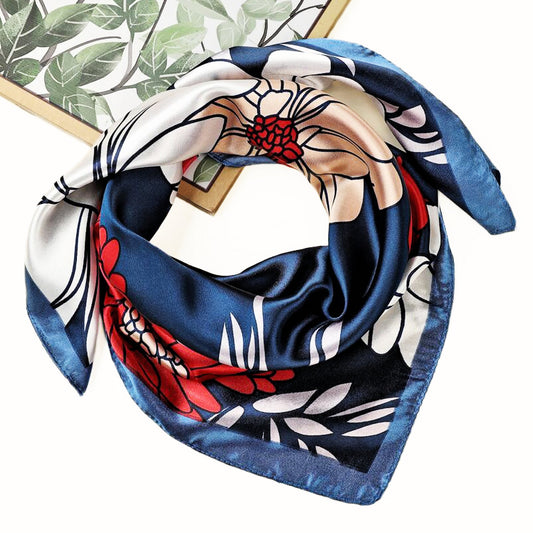 Square Satin Scarf – Navy with Large Red & White Flowers | Elegant Floral Scarf | Timeless Accessory | Perfect Christmas Gift