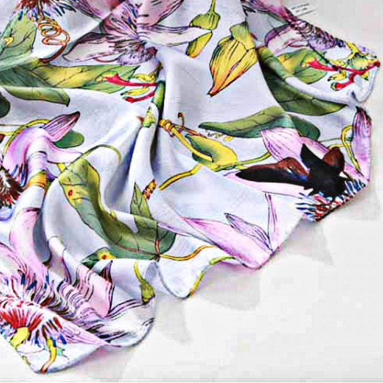 Square Silver-Blue Satin Scarf – Purple Lily Floral Print | Elegant Women’s Scarf | Christmas Gift Idea