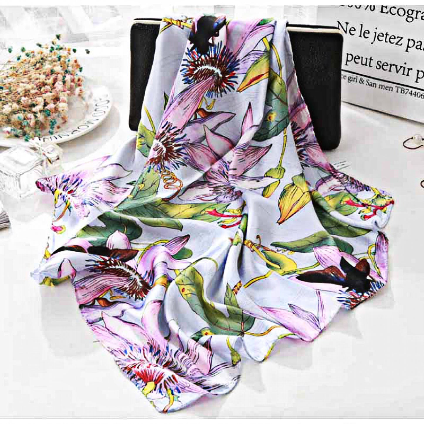 Square Silver-Blue Satin Scarf – Purple Lily Floral Print | Elegant Women’s Scarf | Christmas Gift Idea