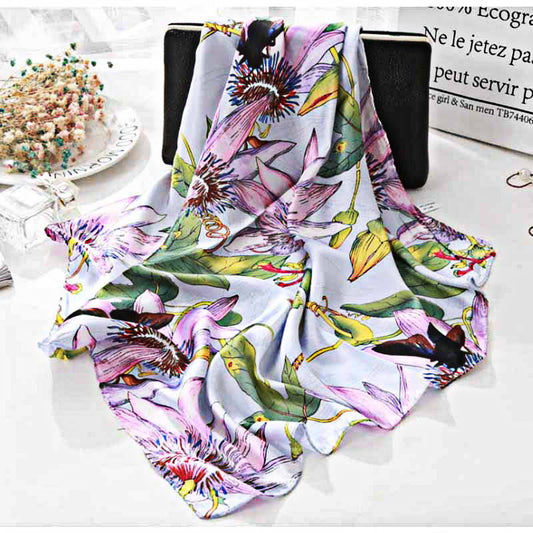 Square Silver-Blue Satin Scarf – Purple Lily Floral Print | Elegant Women’s Scarf | Christmas Gift Idea