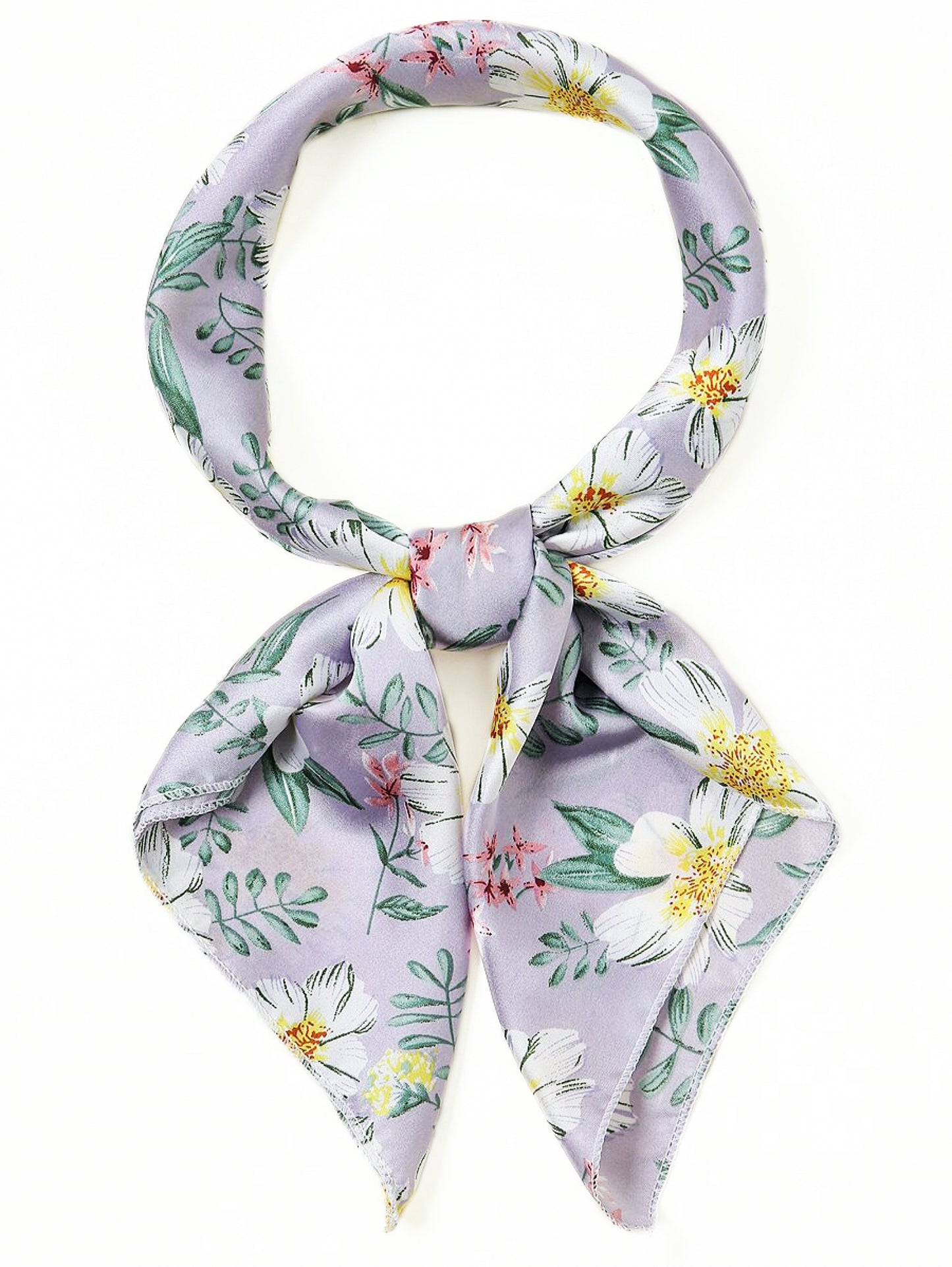 Lilac Daisy Satin Square Scarf – Soft Pastel Scarf with White Flowers | Perfect Christmas Gift for Her