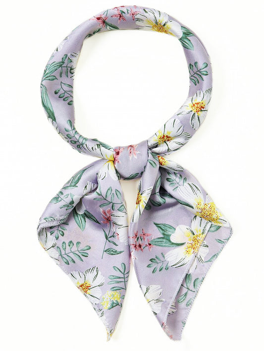 Lilac Daisy Satin Square Scarf – Soft Pastel Scarf with White Flowers | Perfect Christmas Gift for Her