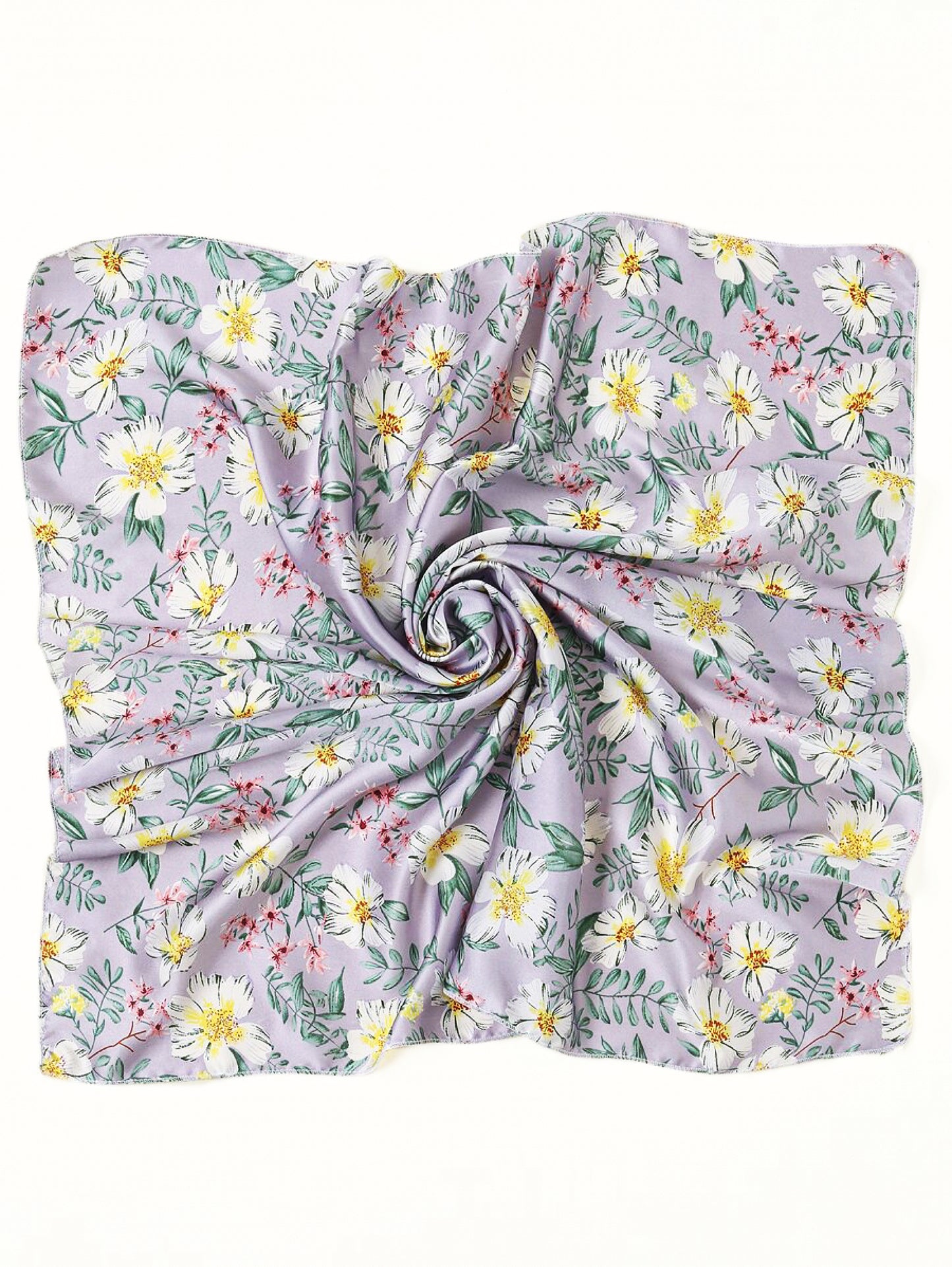 Lilac Daisy Satin Square Scarf – Soft Pastel Scarf with White Flowers | Perfect Christmas Gift for Her