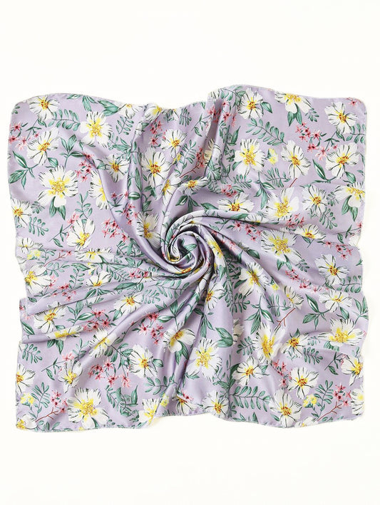 Lilac Daisy Satin Square Scarf – Soft Pastel Scarf with White Flowers | Perfect Christmas Gift for Her
