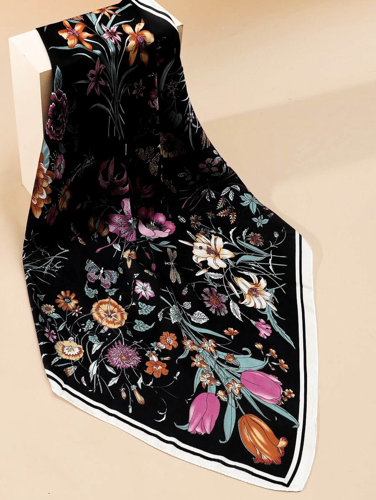 Black Floral Satin Square Scarf – Botanical Silk-Feel Scarf With Tulips & Wildflowers | Elegant Christmas Gift for Her