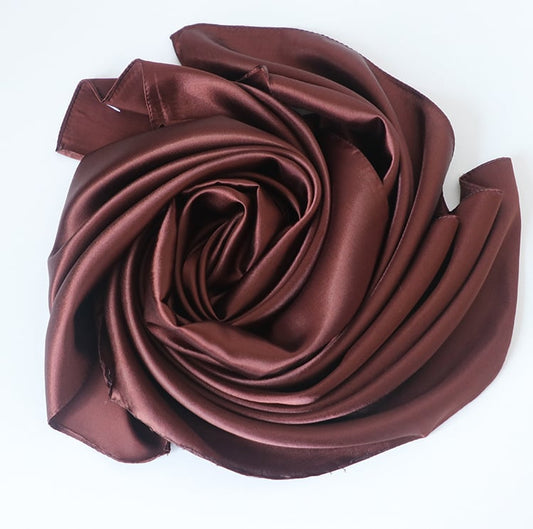 Dark Brown Satin Scarf 90×90 cm – Chocolate Silk-Feel Square Scarf | Elegant Brown Hijab, Headscarf & Hair Wrap