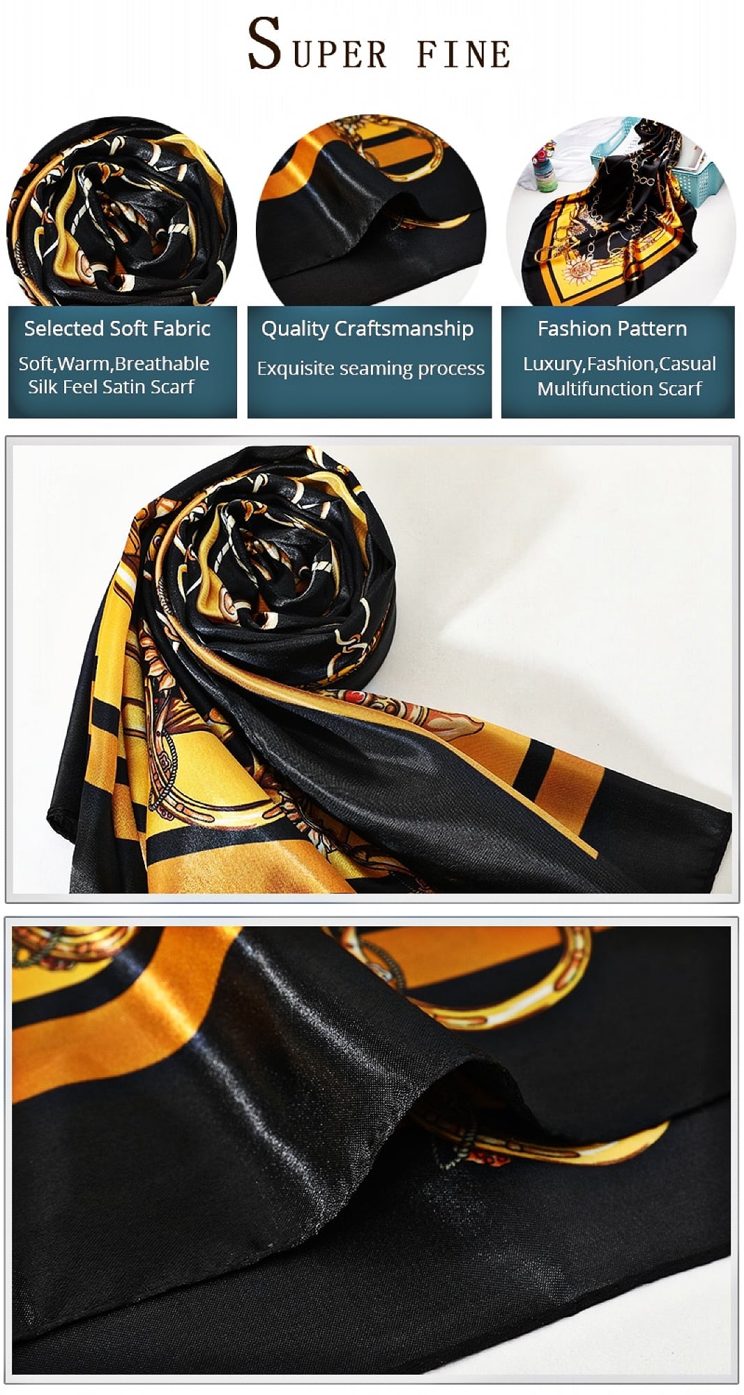 Black & Yellow Vintage Sun & Chain Print Scarf – 90x90cm Silk Satin Square | Baroque Retro Scarf for Women