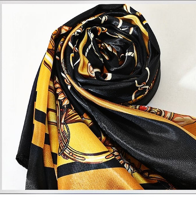Black & Yellow Vintage Sun & Chain Print Scarf – 90x90cm Silk Satin Square | Baroque Retro Scarf for Women