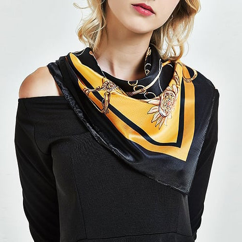 Black & Yellow Vintage Sun & Chain Print Scarf – 90x90cm Silk Satin Square | Baroque Retro Scarf for Women