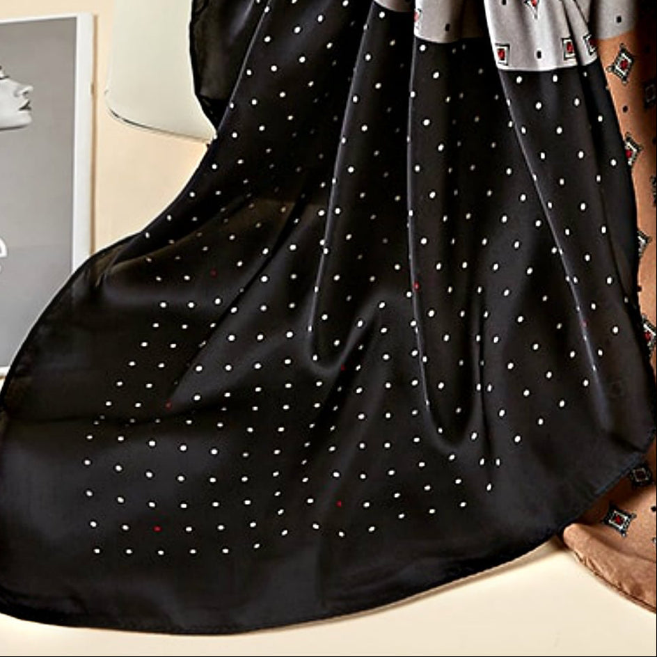 Elegant Multi-Tone Silk Satin Scarf – Black, Grey & Caramel Brown | Geometric & Polka Dot Pattern | Luxury Women’s Square Scarf