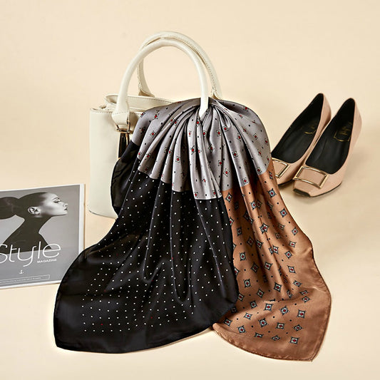 Elegant Multi-Tone Silk Satin Scarf – Black, Grey & Caramel Brown | Geometric & Polka Dot Pattern | Luxury Women’s Square Scarf