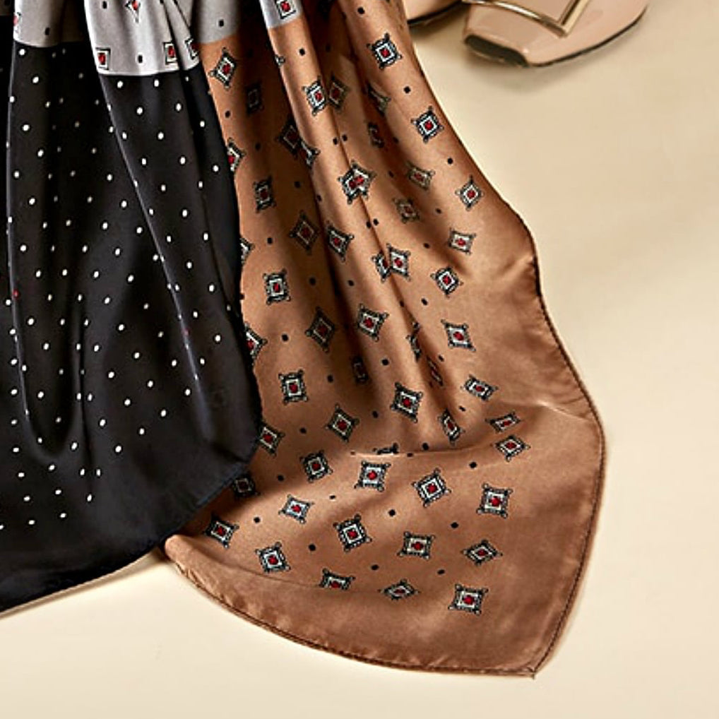 Elegant Multi-Tone Silk Satin Scarf – Black, Grey & Caramel Brown | Geometric & Polka Dot Pattern | Luxury Women’s Square Scarf