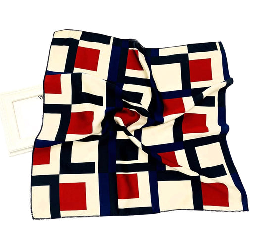 Retro Geometric Square Scarf – Red, Navy & Cream Vintage Pattern | Elegant Fashion Accessory