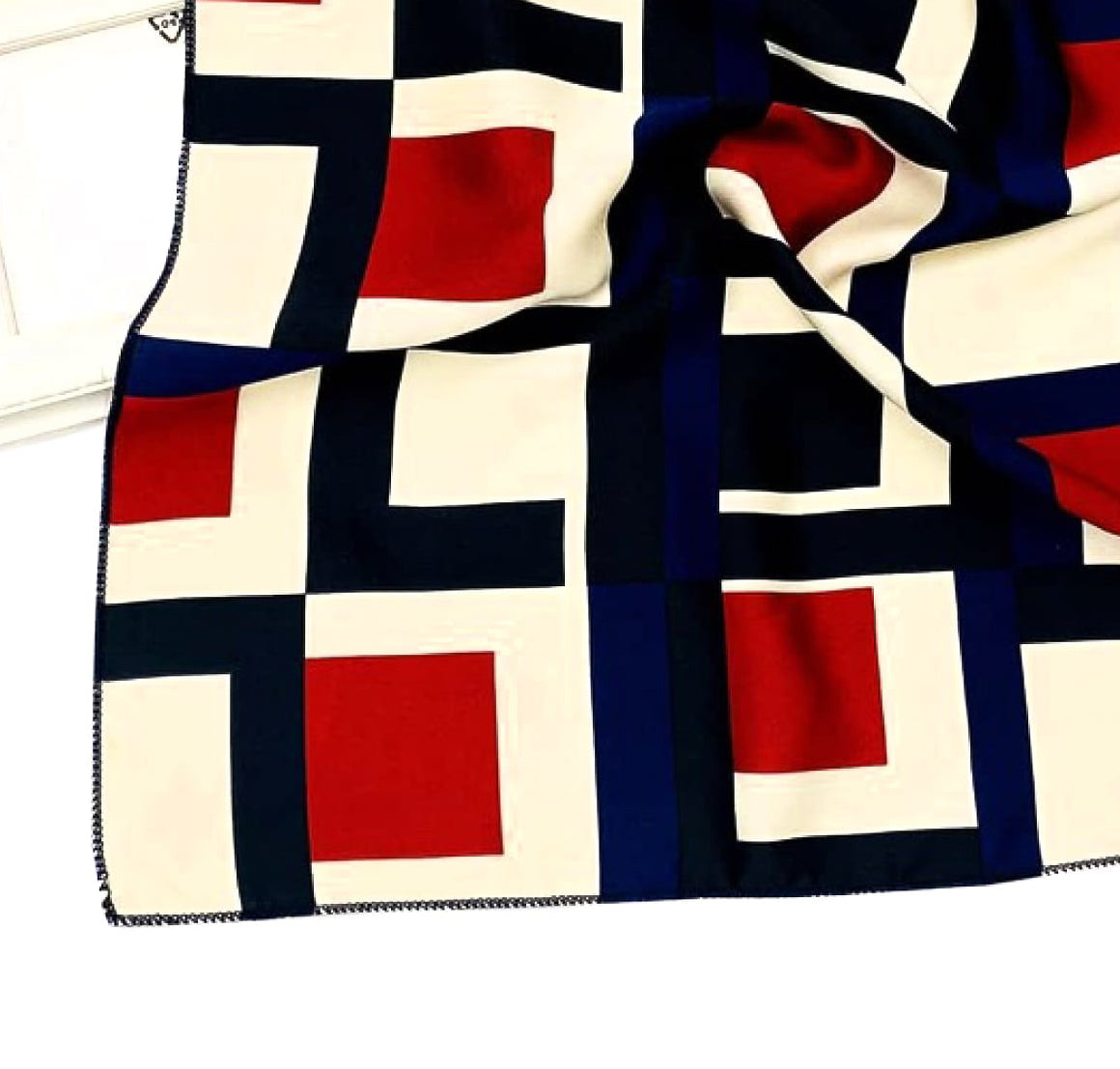 Retro Geometric Square Scarf – Red, Navy & Cream Vintage Pattern | Elegant Fashion Accessory