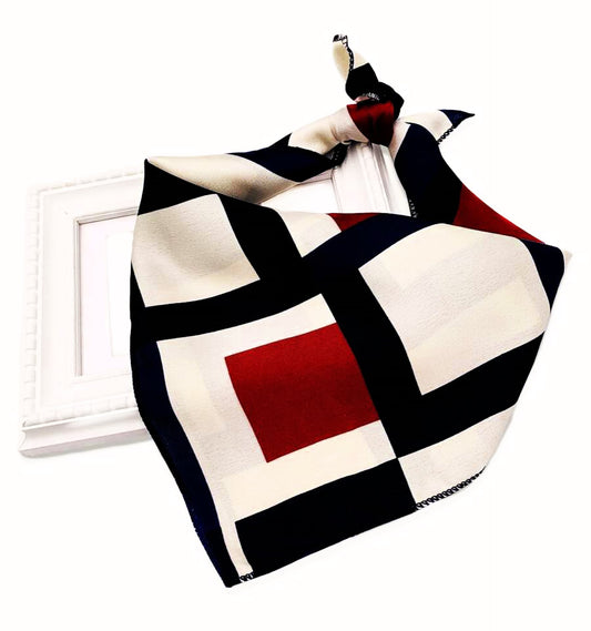 Retro Geometric Square Scarf – Red, Navy & Cream Vintage Pattern | Elegant Fashion Accessory