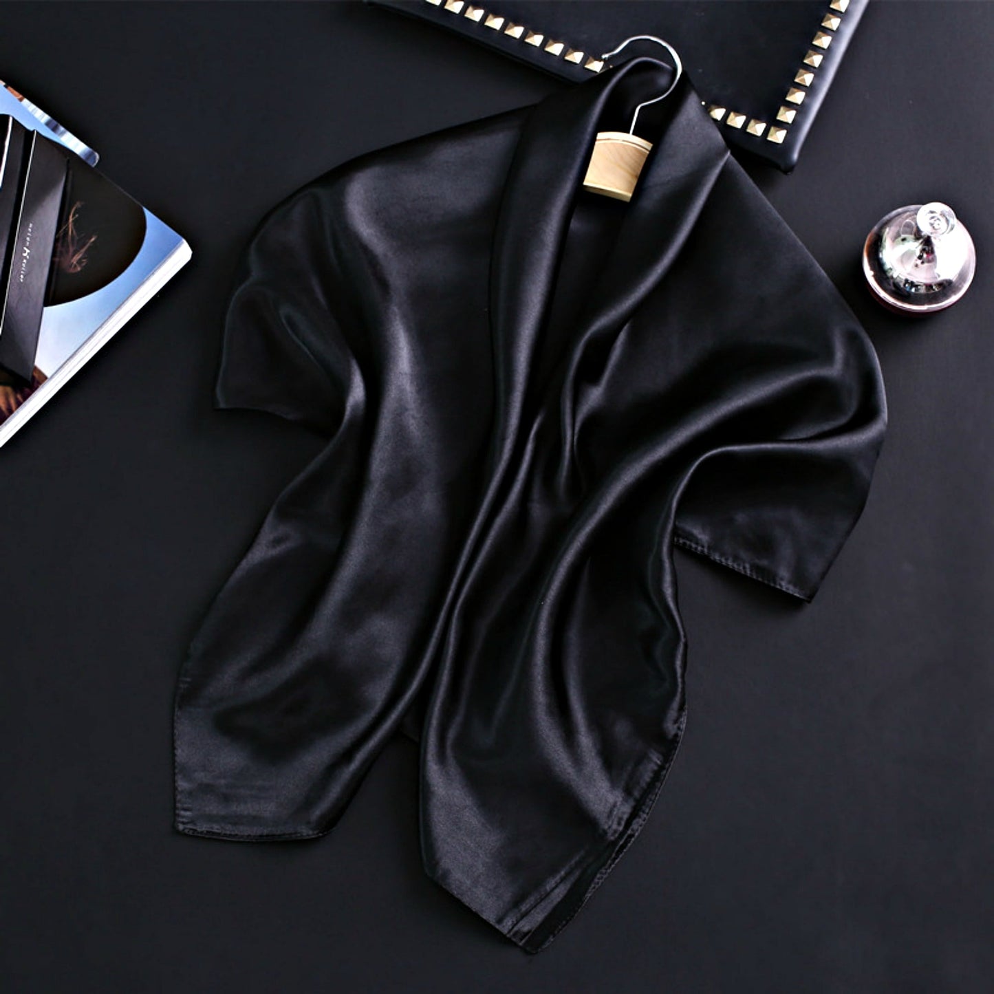 Black Satin Scarf 90×90 cm – Silk-Feel Square Scarf | Elegant Black Headscarf, Hijab, Neck & Hair Wrap