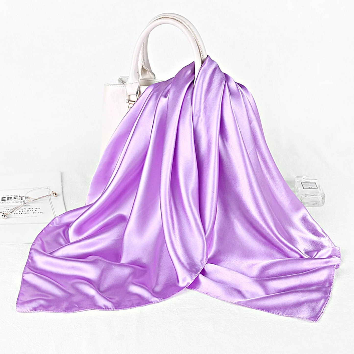 Lilac Satin Scarf 90×90 cm – Light Pastel Purple Silk-Feel Square Scarf | Elegant Lilac Hijab, Headscarf & Hair Wrap