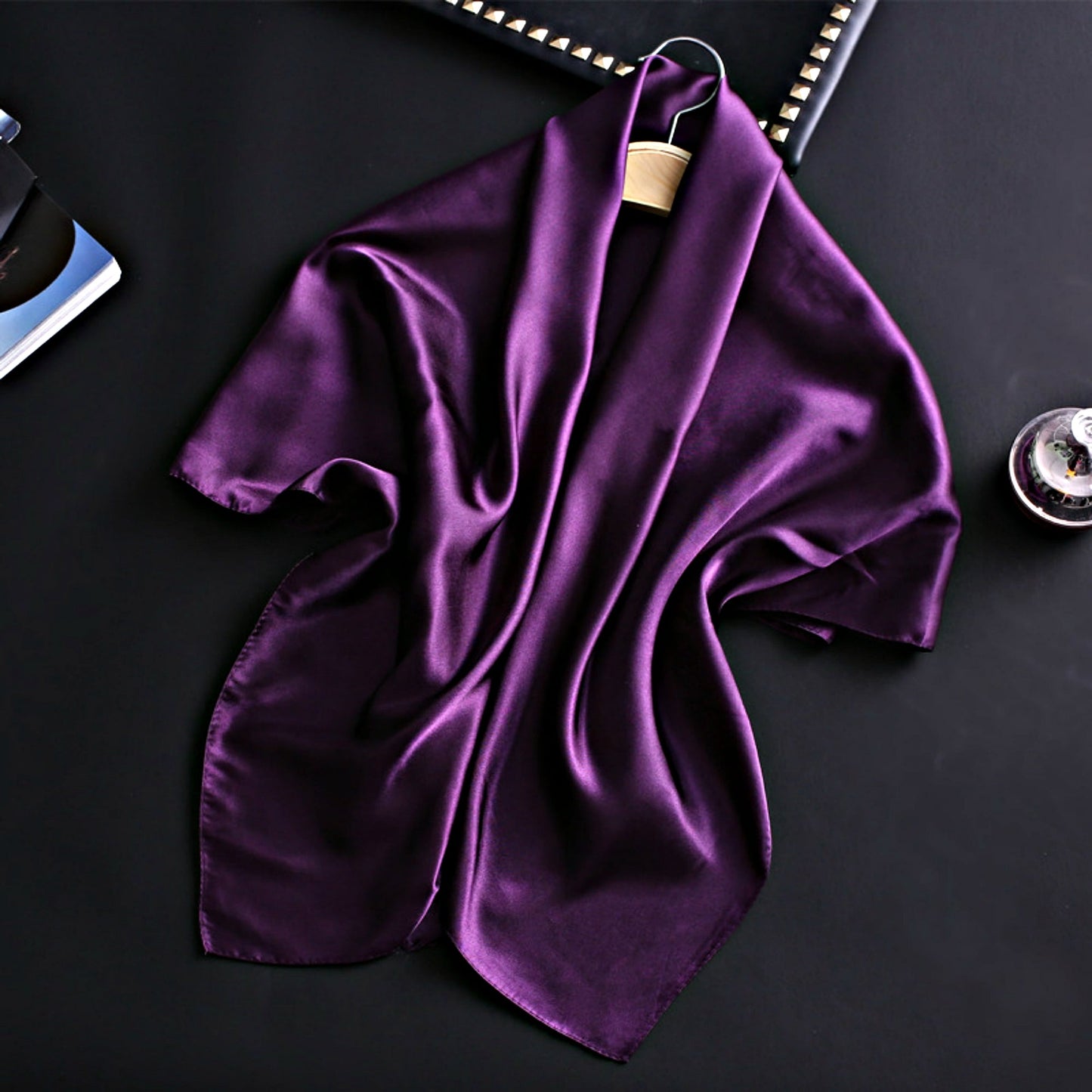 Dark Plum Satin Scarf 90×90 cm – Dark Purple Silk-Feel Square Scarf | Elegant Plum Hijab, Headscarf & Hair Wrap
