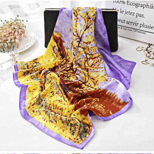 Autumn Landscape Print Silk Satin Scarf – Yellow, Brown & Orange Nature Scene with Lilac Background | 70x70 Vintage Art Scarf