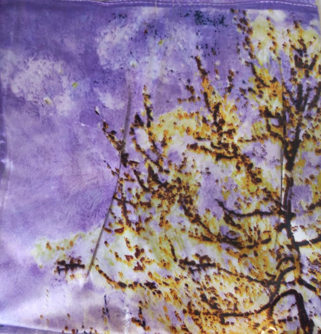 Autumn Landscape Print Silk Satin Scarf – Yellow, Brown & Orange Nature Scene with Lilac Background | 70x70 Vintage Art Scarf