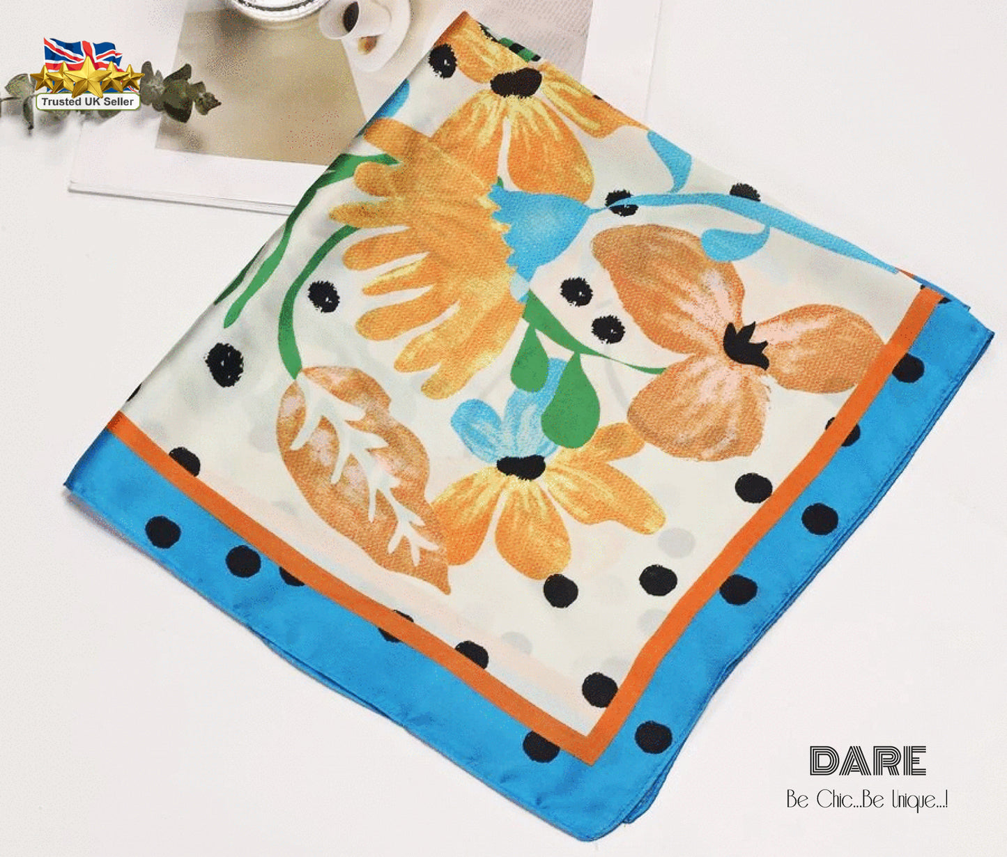 💙 Polka Dot and Floral Blue Silk Scarf – Vintage-Inspired Elegance with a Modern Twist