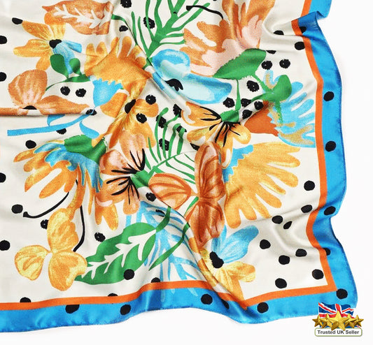 💙 Polka Dot and Floral Blue Silk Scarf – Vintage-Inspired Elegance with a Modern Twist