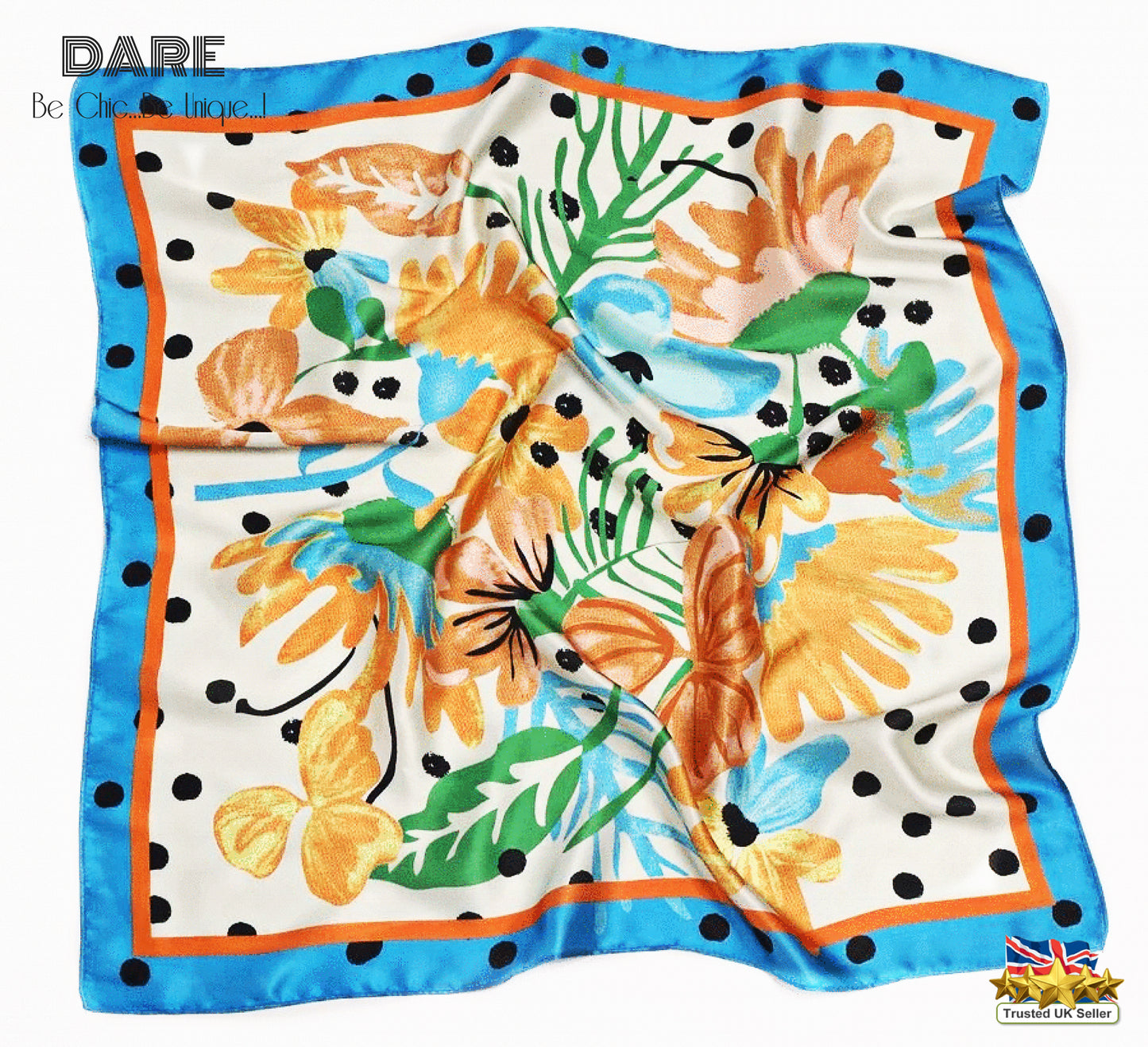 💙 Polka Dot and Floral Blue Silk Scarf – Vintage-Inspired Elegance with a Modern Twist