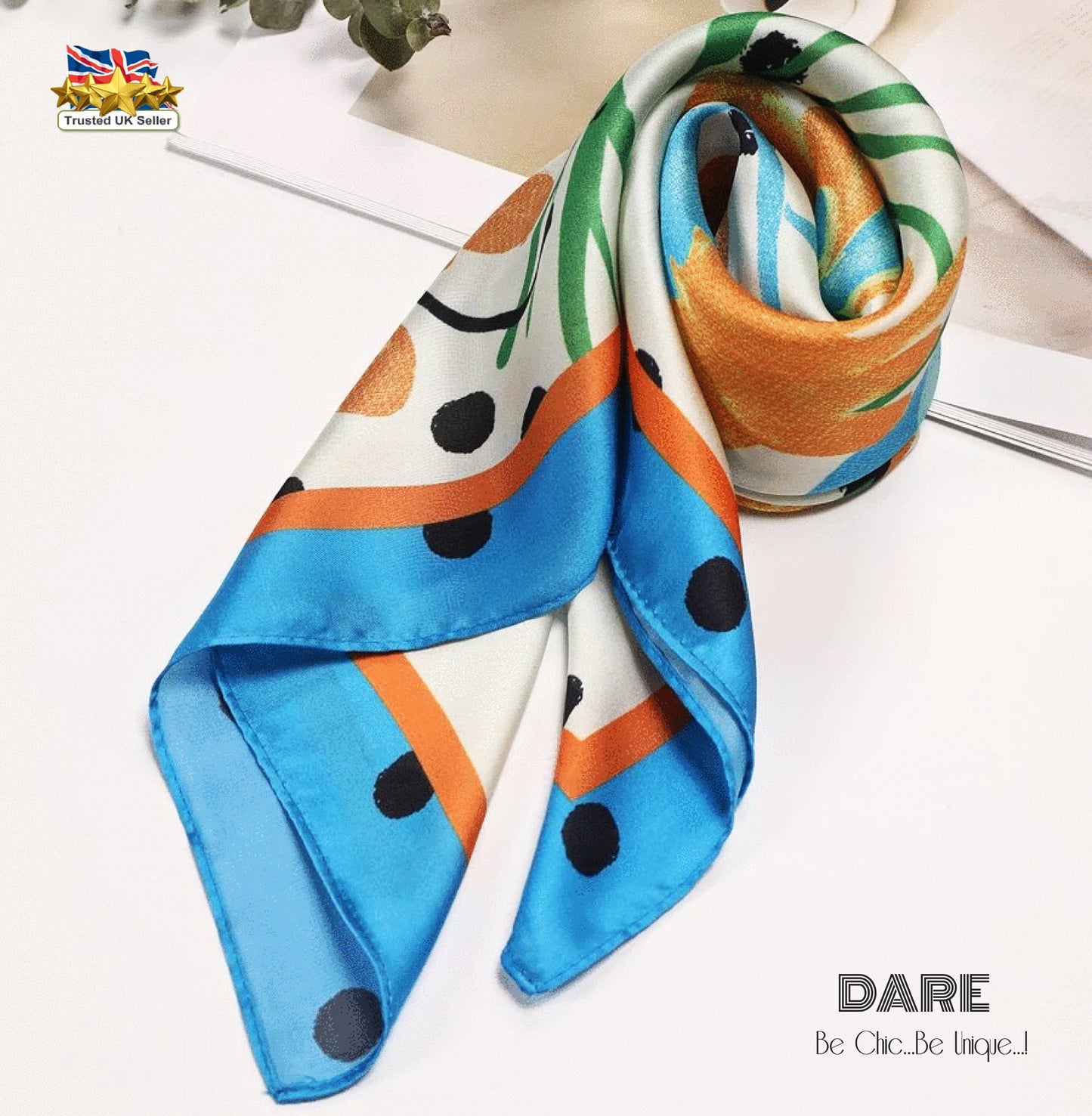 💙 Polka Dot and Floral Blue Silk Scarf – Vintage-Inspired Elegance with a Modern Twist