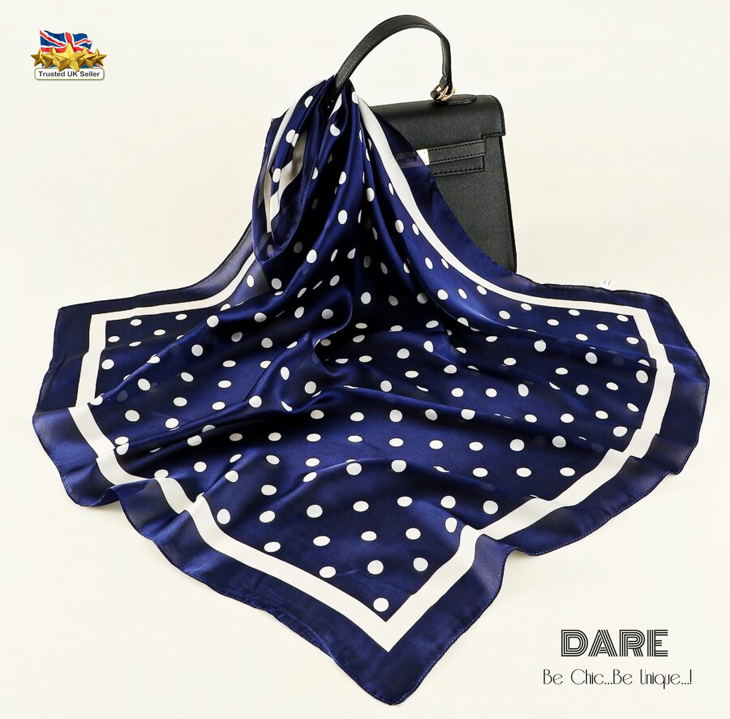 🔵 Navy Polka Dot Satin Scarf – Classic, Chic & Timeless