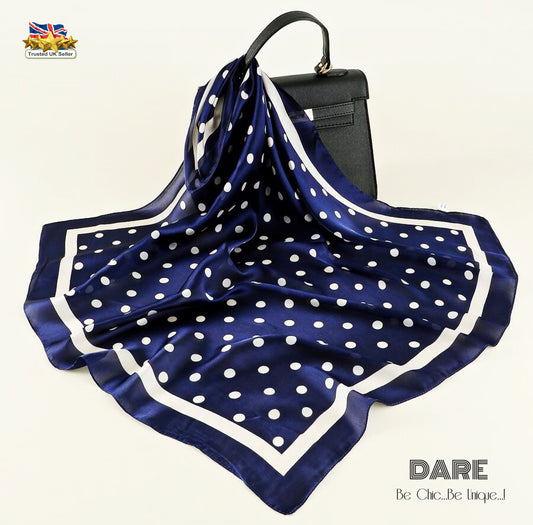 🔵 Navy Polka Dot Satin Scarf – Classic, Chic & Timeless