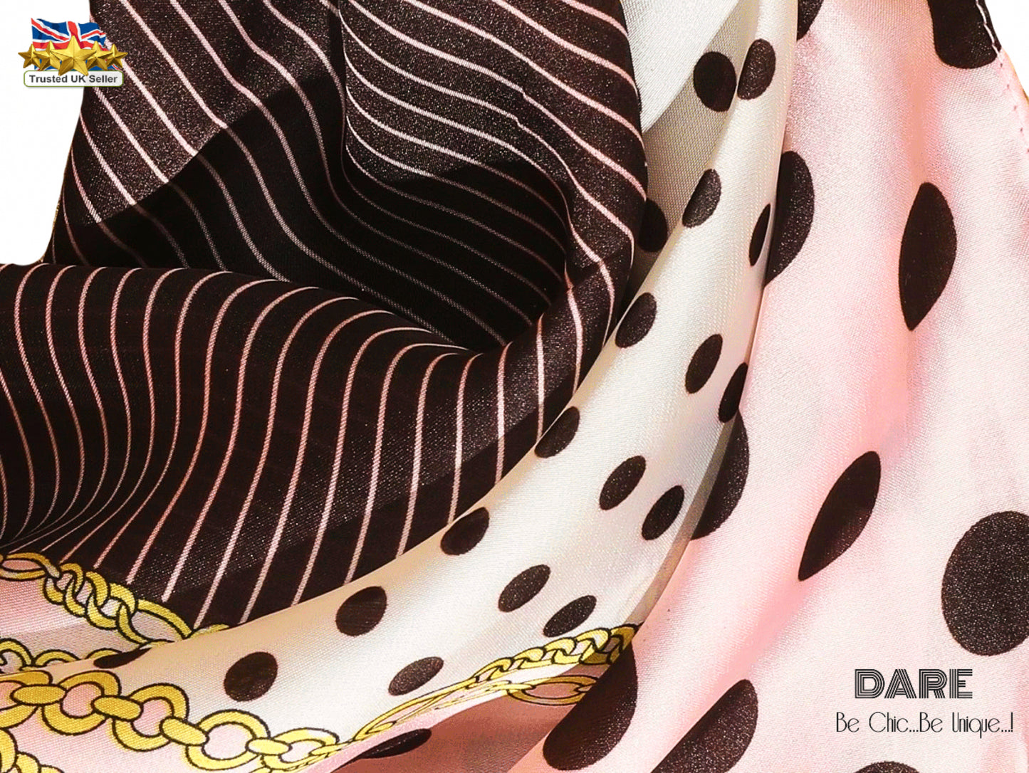 Pink Polka-Dot & Brown Striped Satin Scarf – Elegant, Retro & Feminine | Perfect Gift
