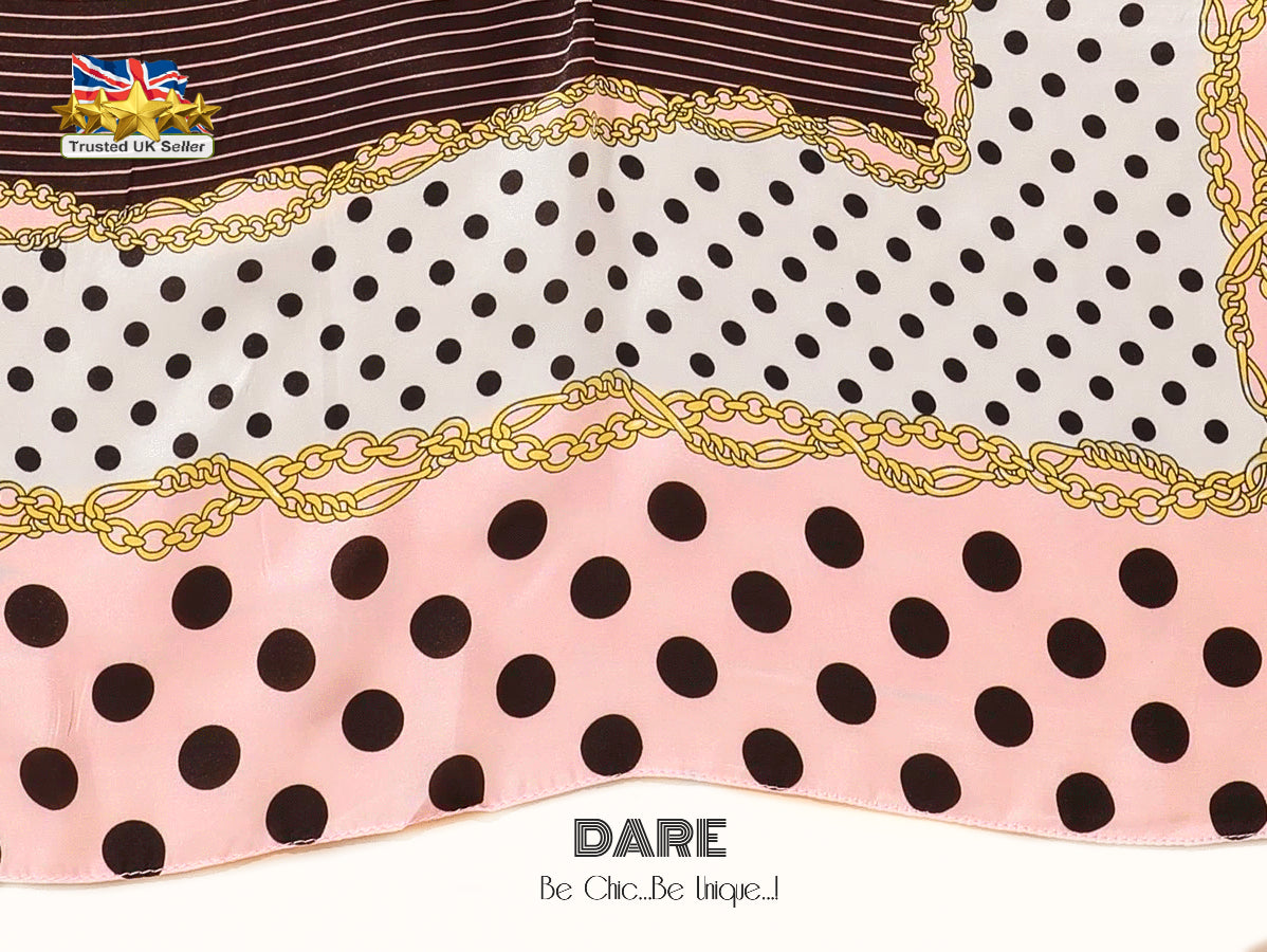 Pink Polka-Dot & Brown Striped Satin Scarf – Elegant, Retro & Feminine | Perfect Gift