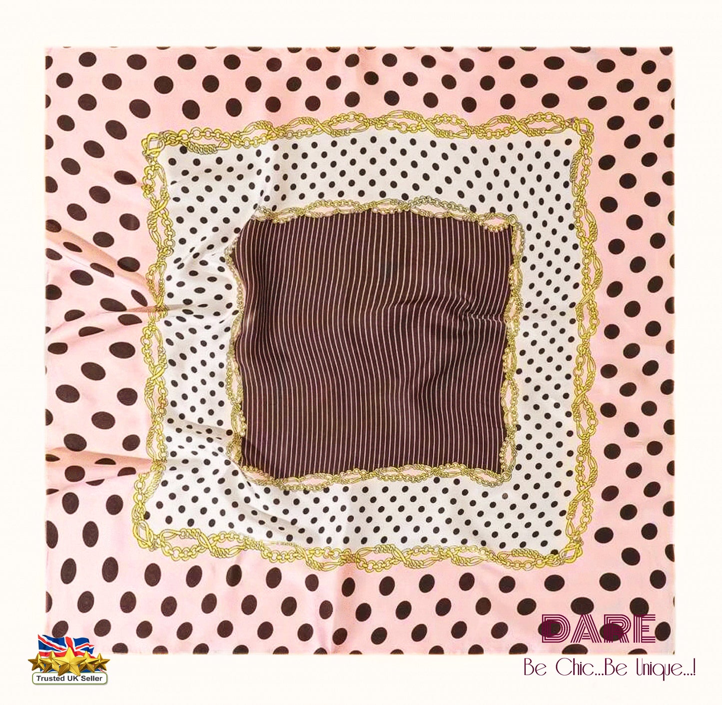 Pink Polka-Dot & Brown Striped Satin Scarf – Elegant, Retro & Feminine | Perfect Gift