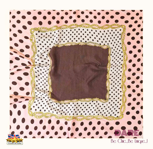 Pink Polka-Dot & Brown Striped Satin Scarf – Elegant, Retro & Feminine | Perfect Gift