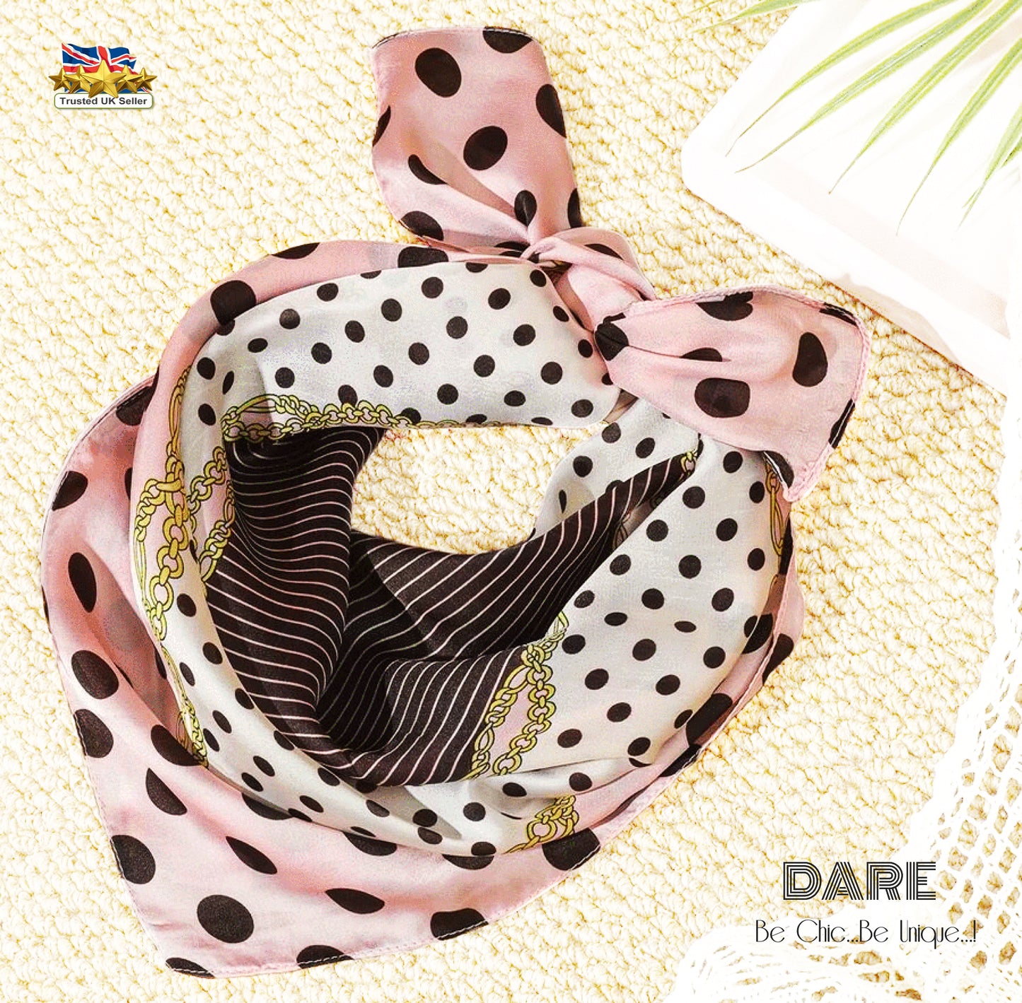Pink Polka-Dot & Brown Striped Satin Scarf – Elegant, Retro & Feminine | Perfect Gift