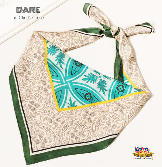 Square Vintage Geometric Scarf – Turquoise & Beige Pattern | Retro Style | Christmas Gift Idea