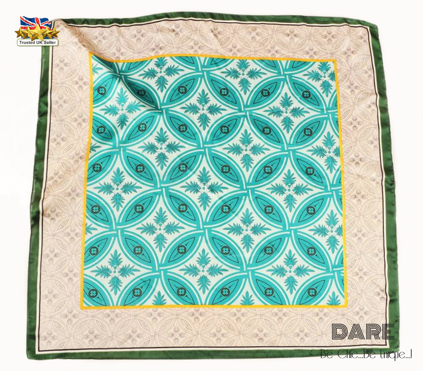 Square Vintage Geometric Scarf – Turquoise & Beige Pattern | Retro Style | Christmas Gift Idea