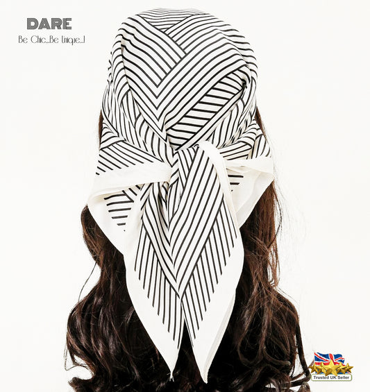 White Square Scarf with Black Stripes | Minimalist Chic | Timeless Classic | Christmas Gift Idea