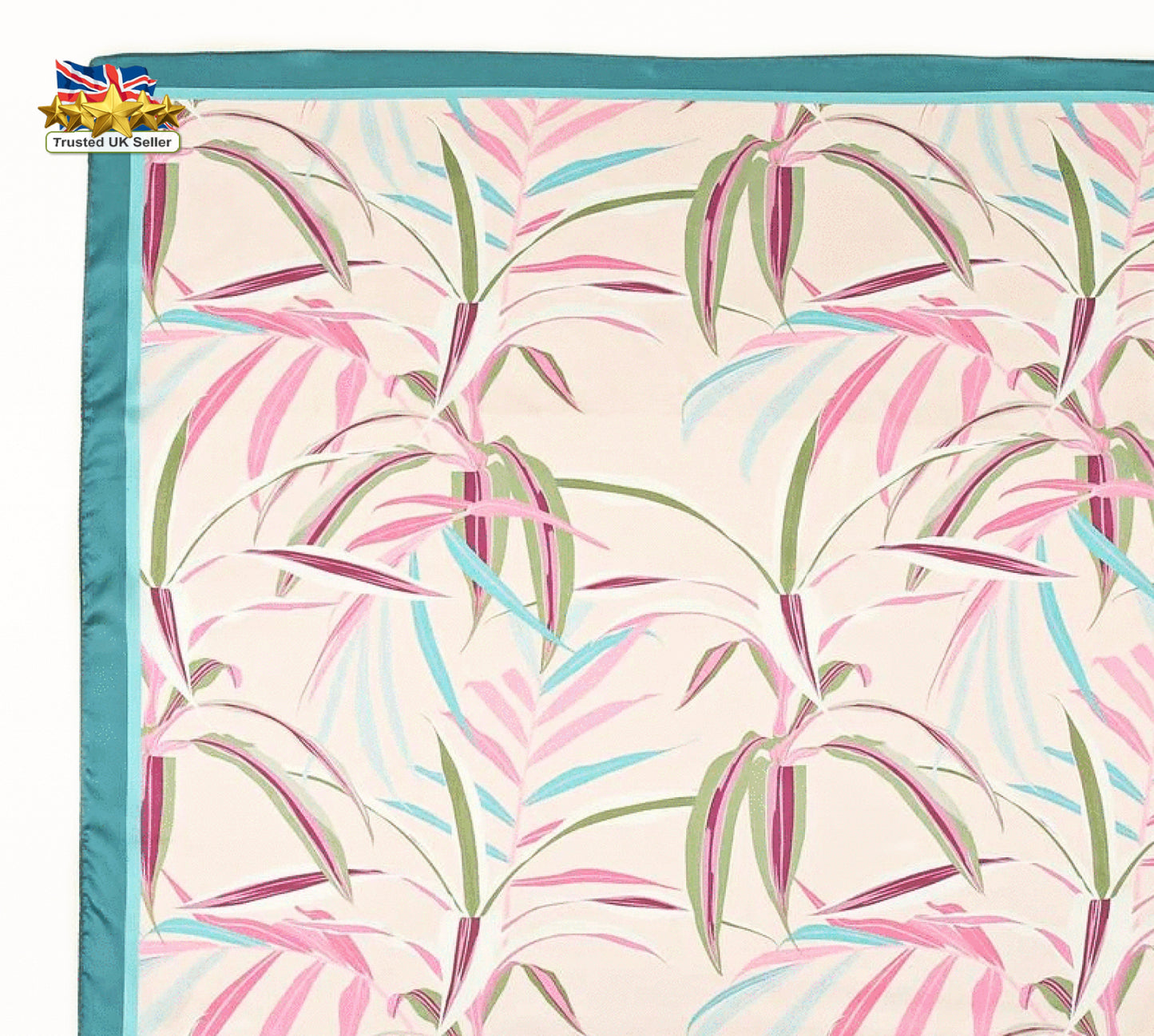 Teal &amp; Pink Leaf Print Silk Satin Square Scarf – Luxury 90cm Statement Accessory