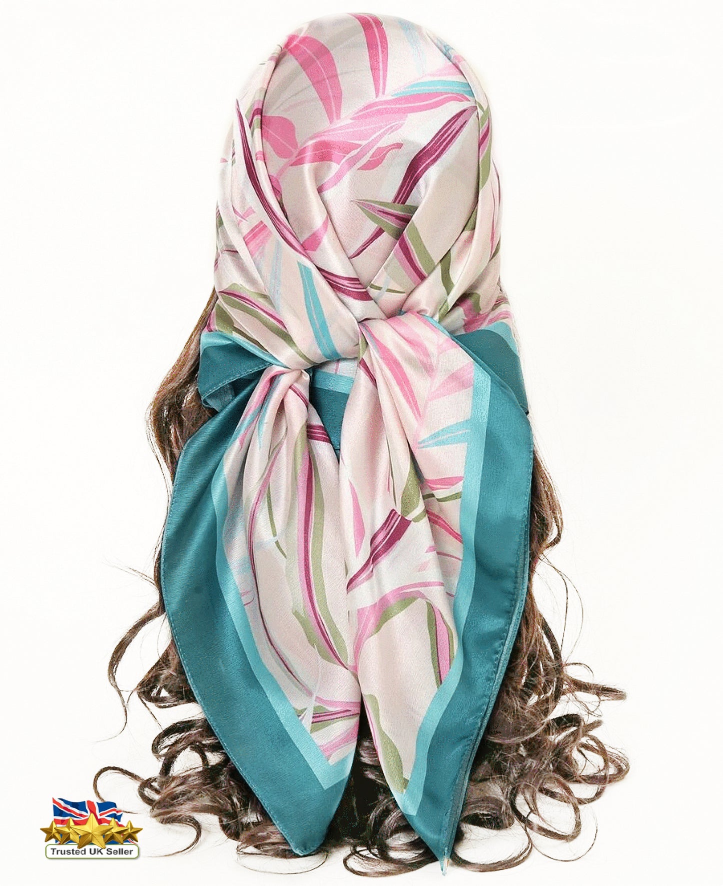 Teal &amp; Pink Leaf Print Silk Satin Square Scarf – Luxury 90cm Statement Accessory