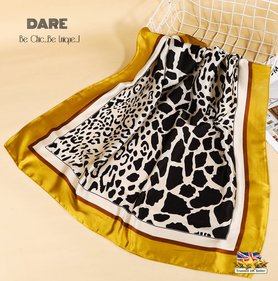 Mustard Border Animal-Print Satin Scarf – Chic, Bold & Stylish | Perfect Gift Idea
