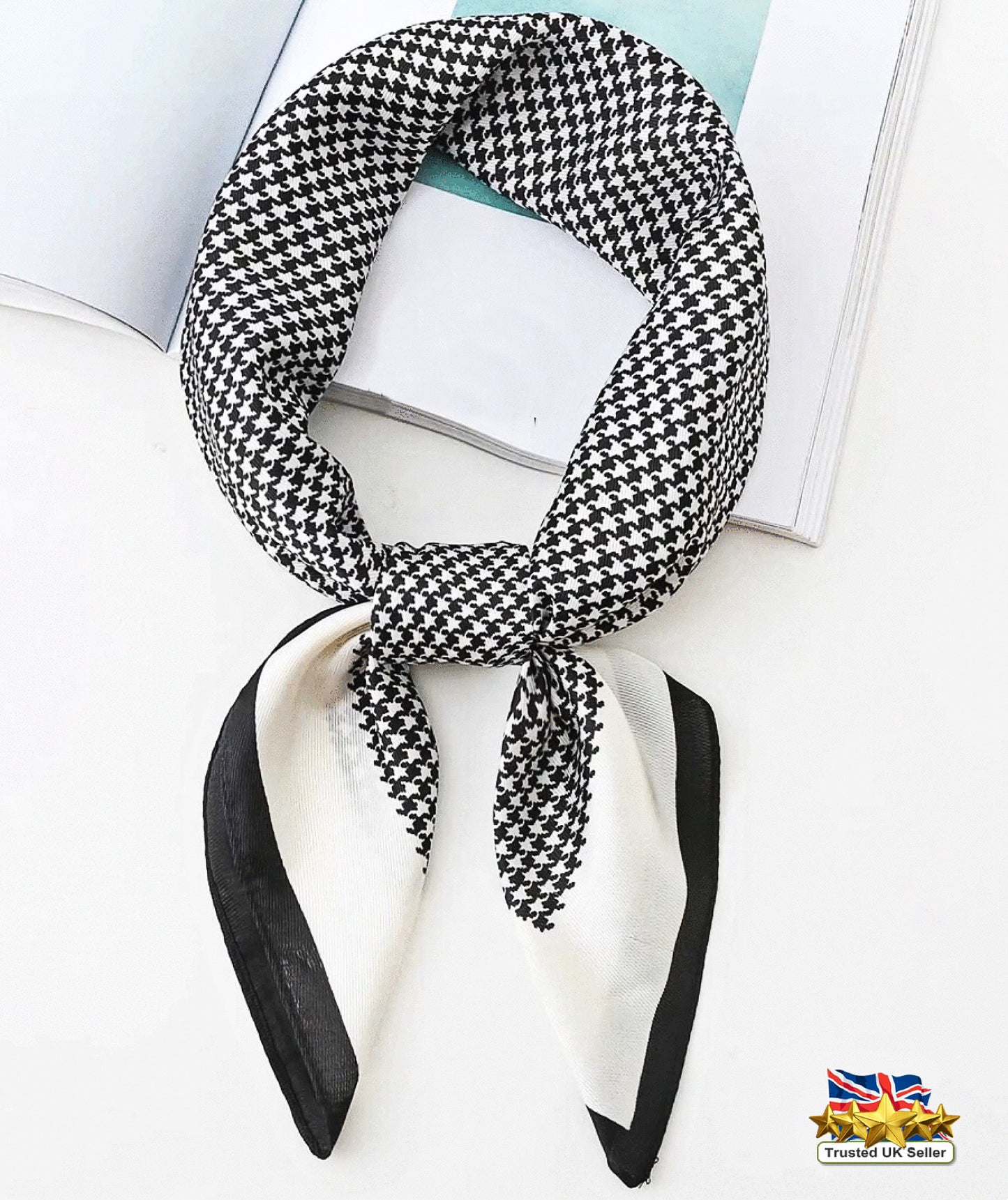 🖤 Black & White Striped and Checkered Silk Scarf – Geometric Elegance in Every Fold