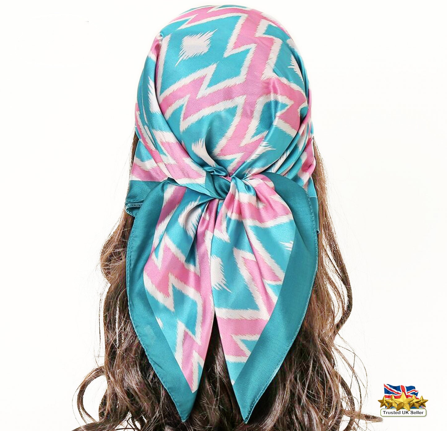 Vintage design Square Scarf – Elegant Geometric Print with Turquoise Border | 70cm Satin Silk Scar