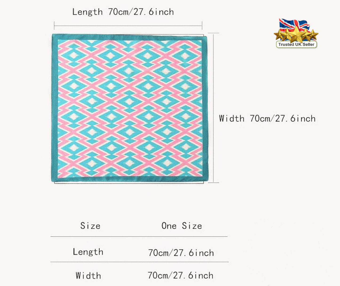 Vintage design Square Scarf – Elegant Geometric Print with Turquoise Border | 70cm Satin Silk Scar